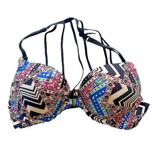 Victorias Secret Bombshell Push Up Bra 34A Patchwork Print Strap Back Front Hook